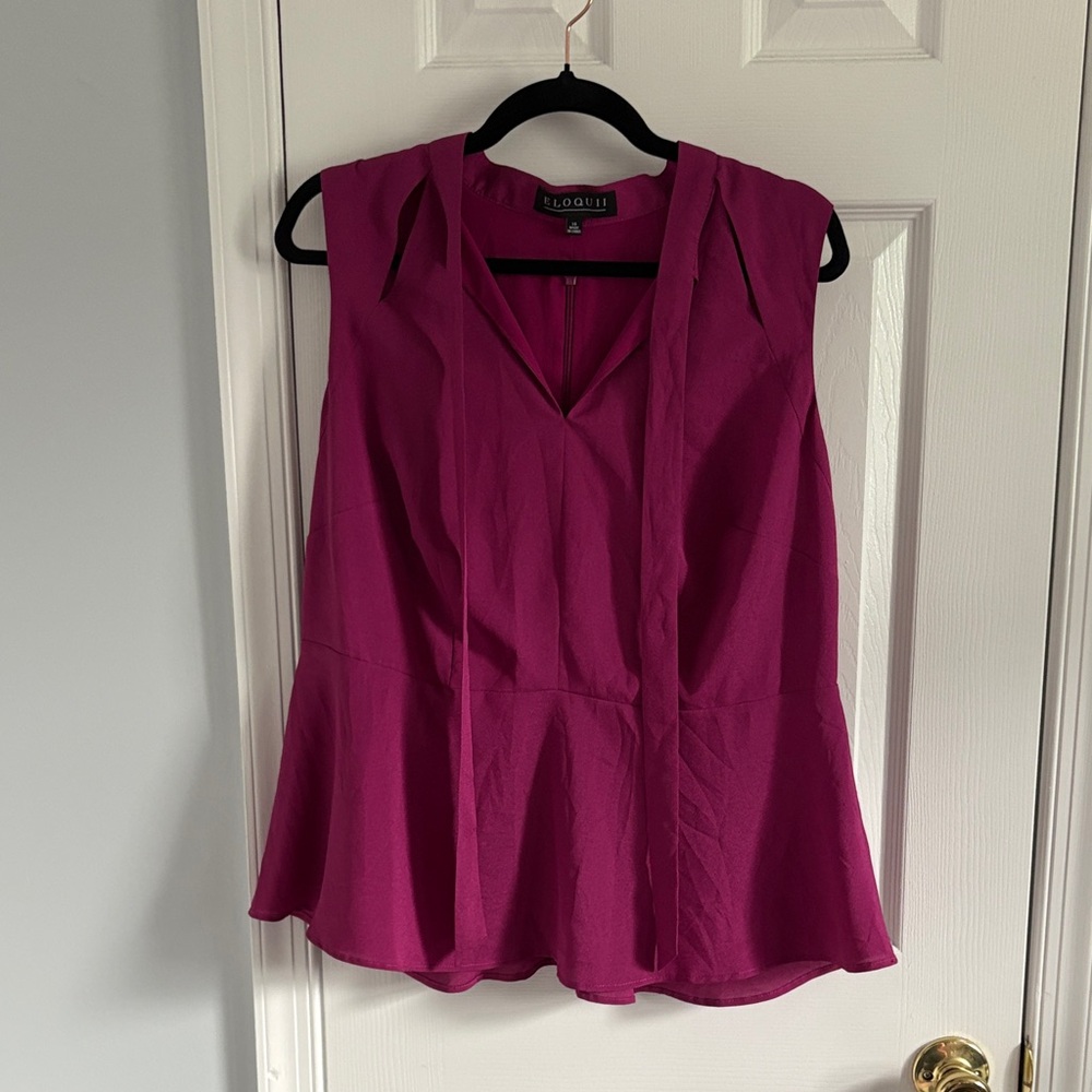 Eloquii Magenta Sleeveless Peplum Career Top with Cut Out and Tie Neck Detail 14